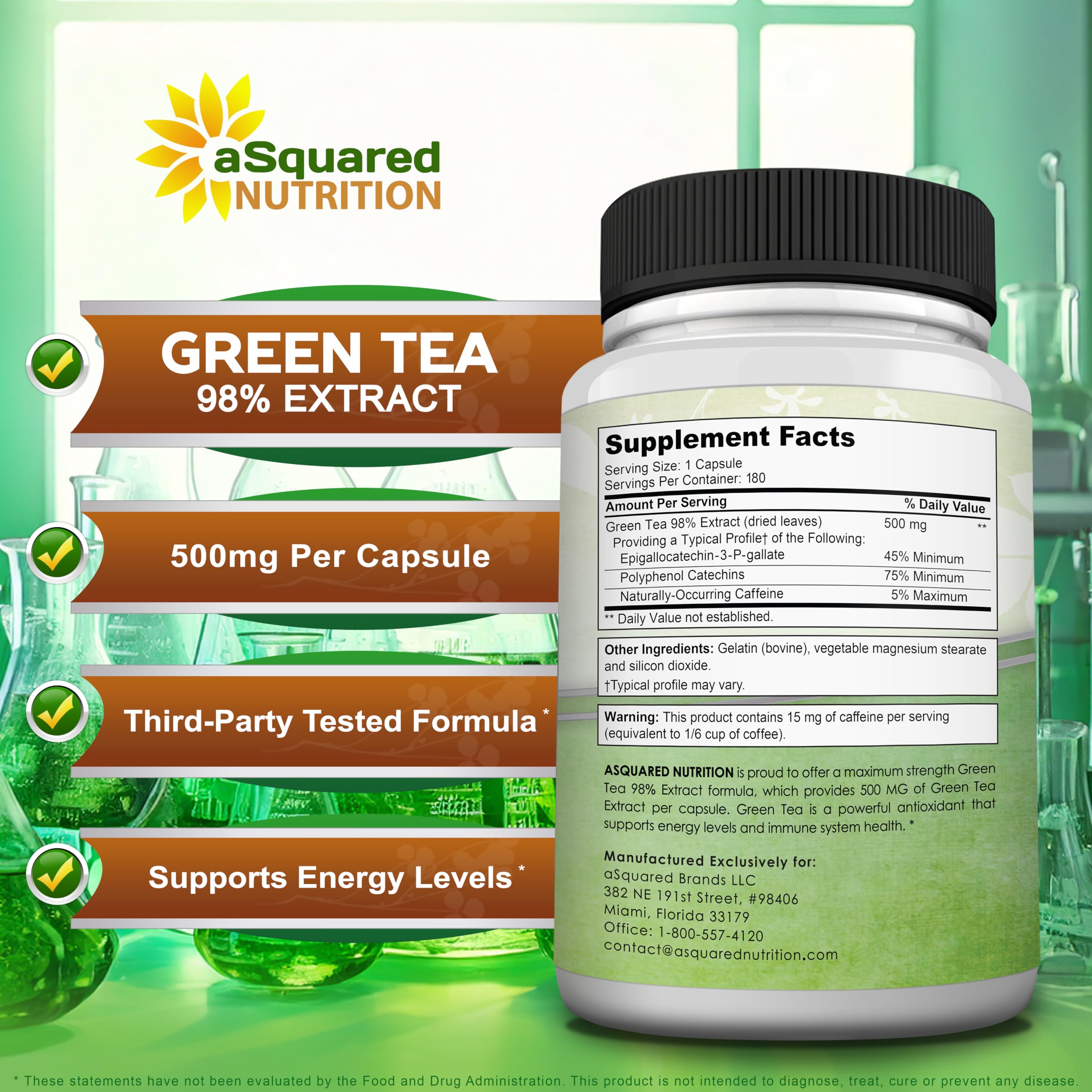 aSquared green tea extract capsules in hand ready for immune and vitality support
