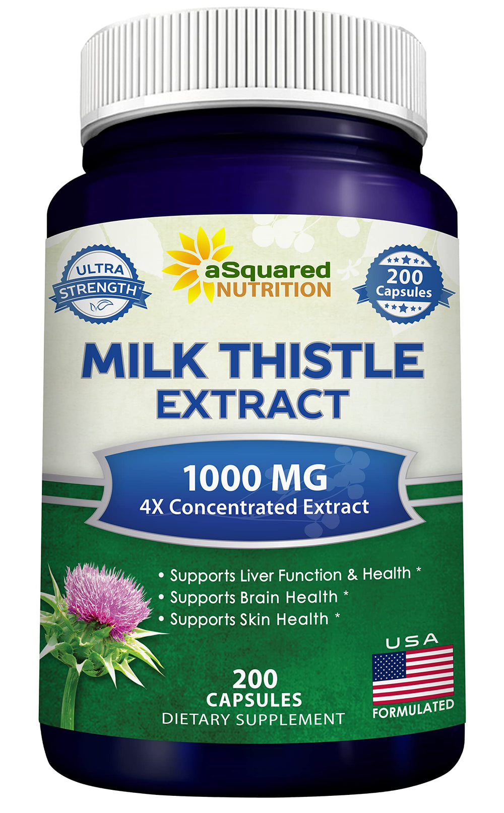 aSquared Milk Thistle bottle with 200 capsules for daily use.