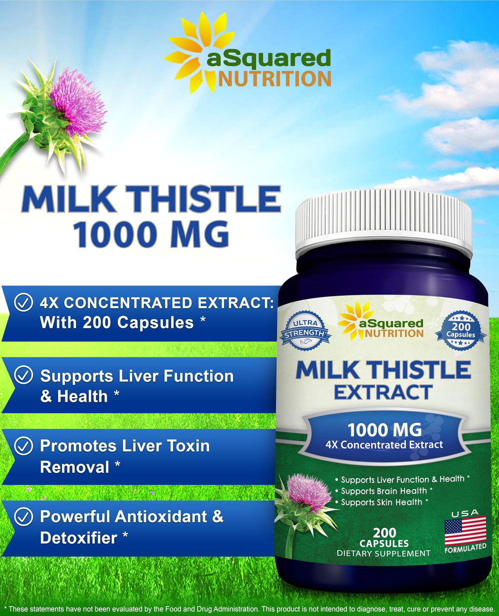 aSquared Milk Thistle capsules at 1000mg dosage for easy daily intake.