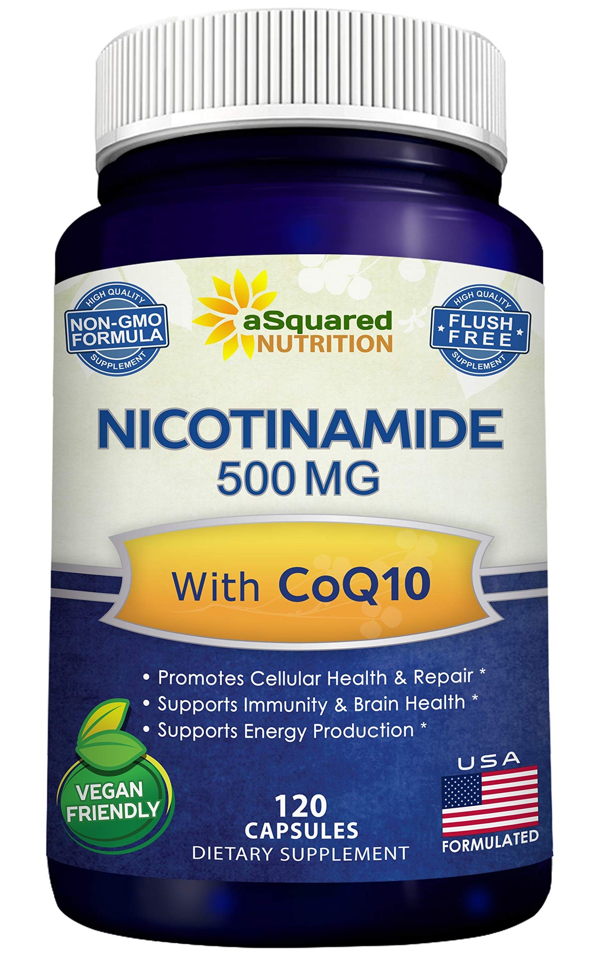 aSquared Nicotinamide with CoQ10 bottle provides energy support.
