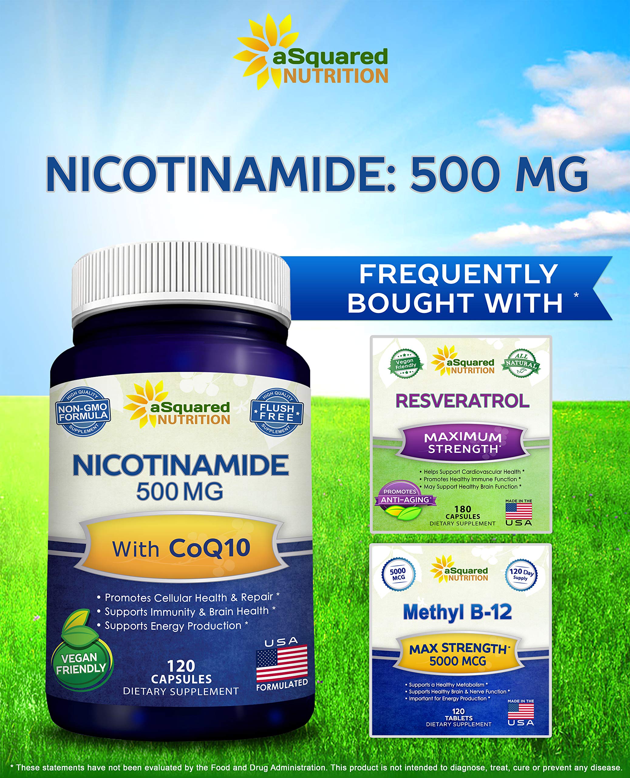 aSquared Nicotinamide with CoQ10 ingredients list highlights NAD support.