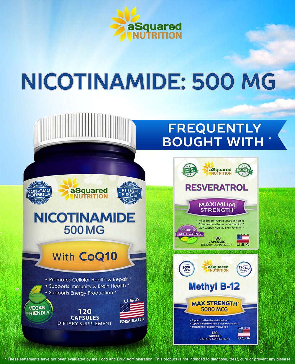 aSquared Nicotinamide with CoQ10 ingredients list highlights NAD support.