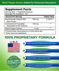 aSquared Nicotinamide with CoQ10 label highlights Non-Flush Niacinamide.