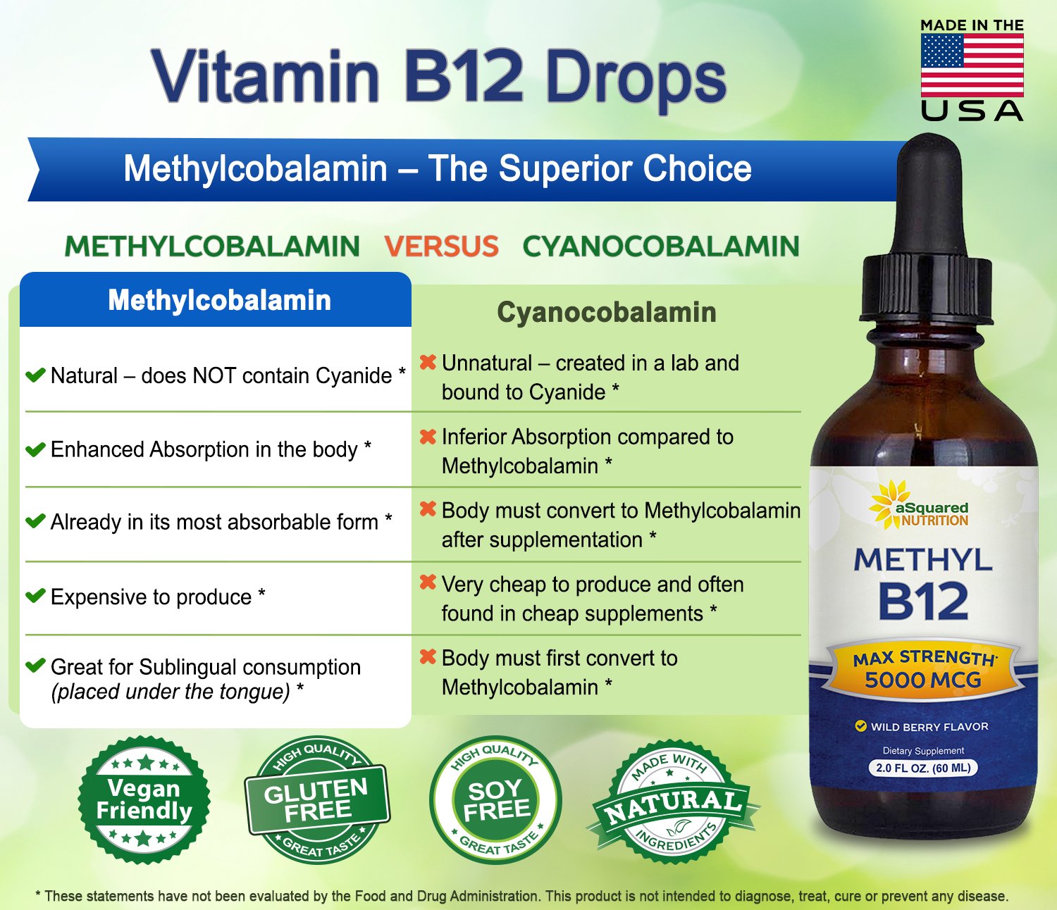 asquared nutrition 5000mcg methylcobalamin bottle highlights potency and B-12 form