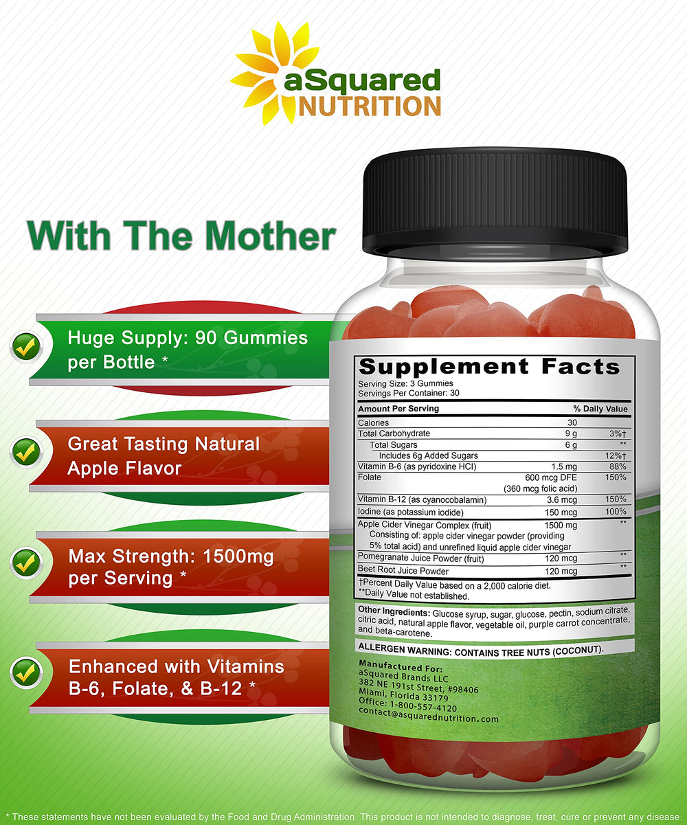 aSquared Nutrition Apple Cider Vinegar Gummies bottle with The Mother concept