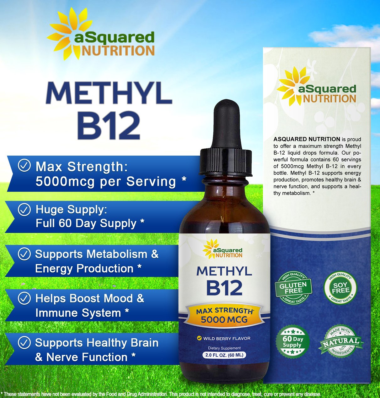 asquared nutrition b12 drops dropper dispensing methylcobalamin for high absorption