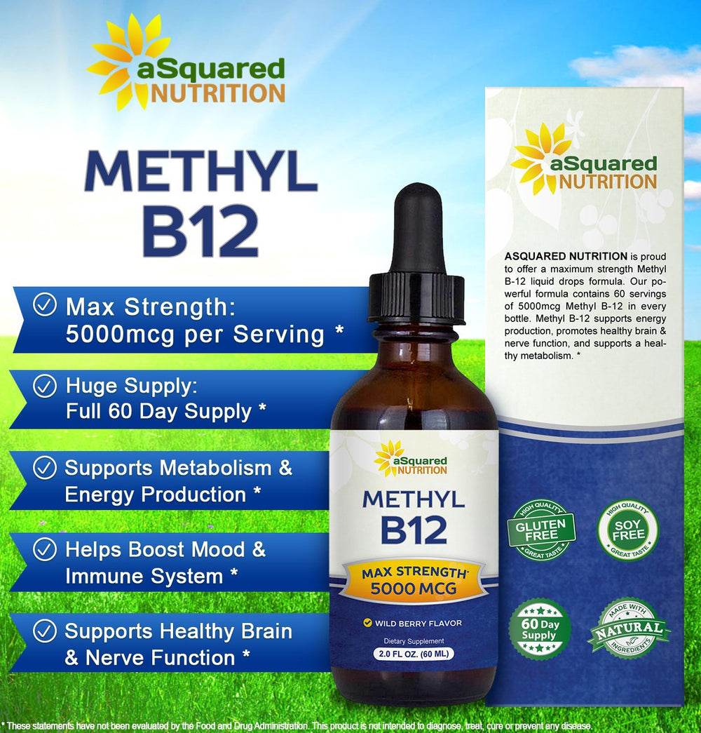 asquared nutrition b12 drops dropper dispensing methylcobalamin for high absorption