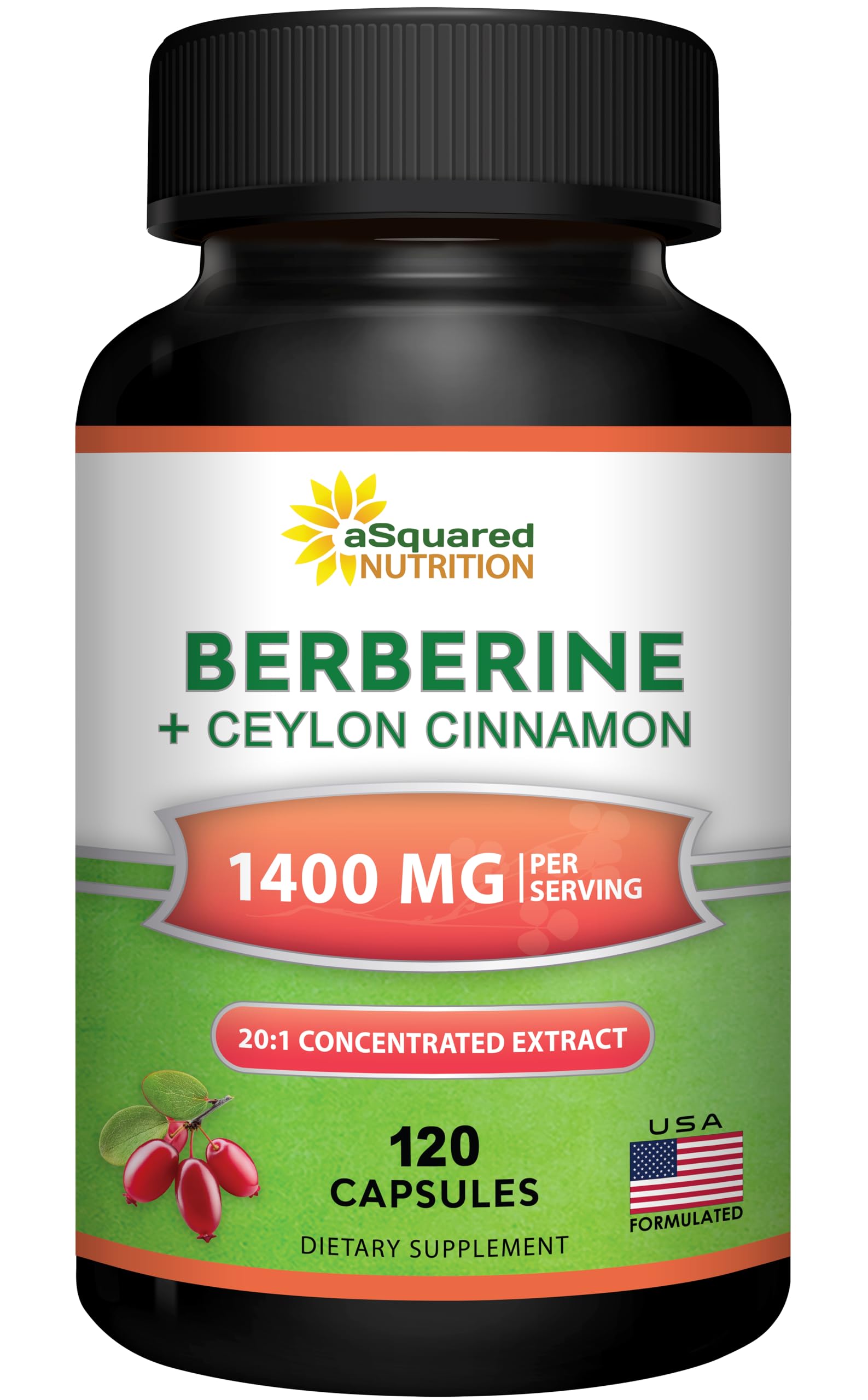 Asquared Nutrition Berberine Cinnamon bottle showing high-strength capsules for daily metabolic support