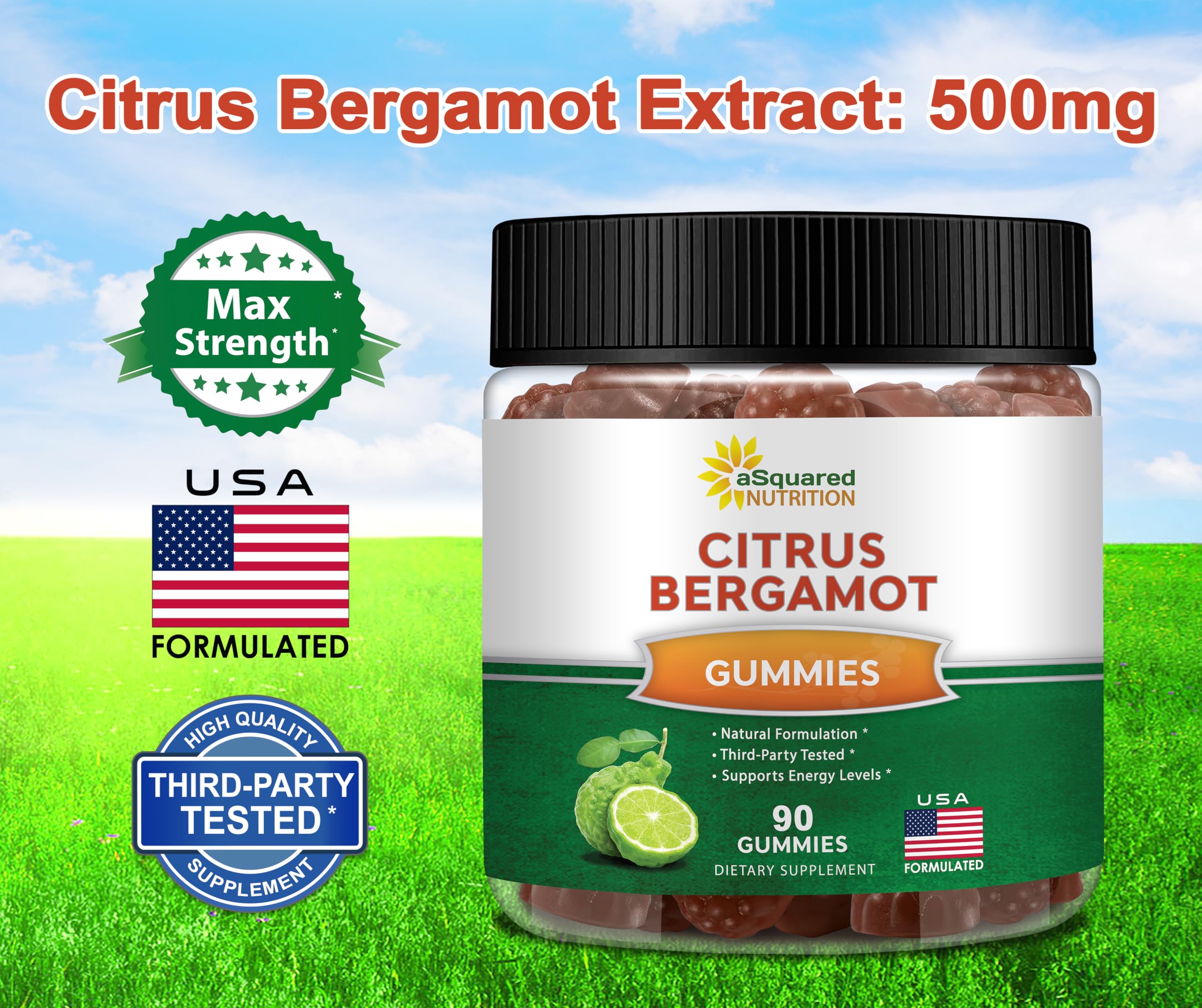 aSquared Nutrition Citrus Bergamot Gummies bottle beside glass suggesting daily energy and immune support.