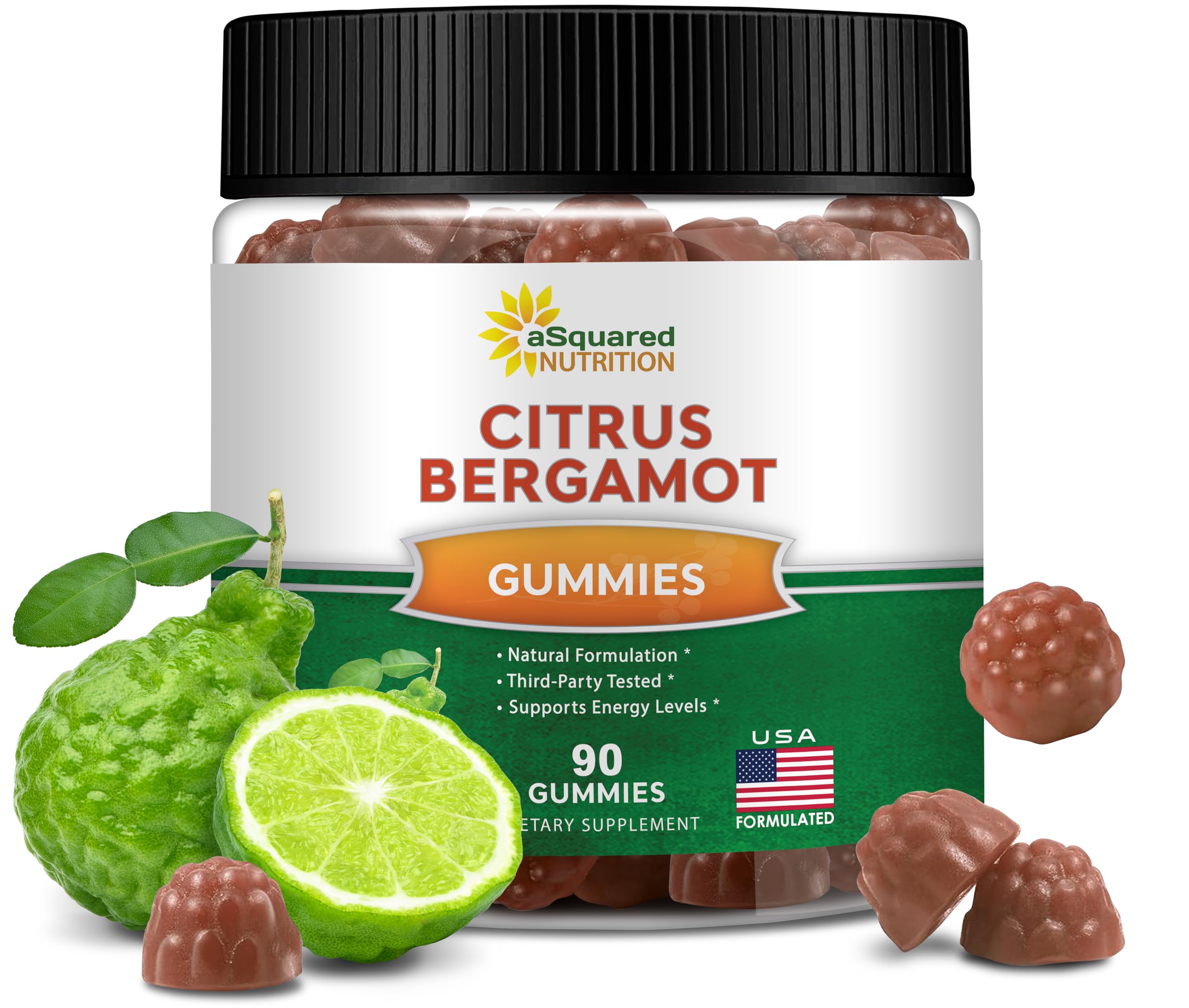 aSquared Nutrition Citrus Bergamot Gummies bottle with bright label for daily wellness support.