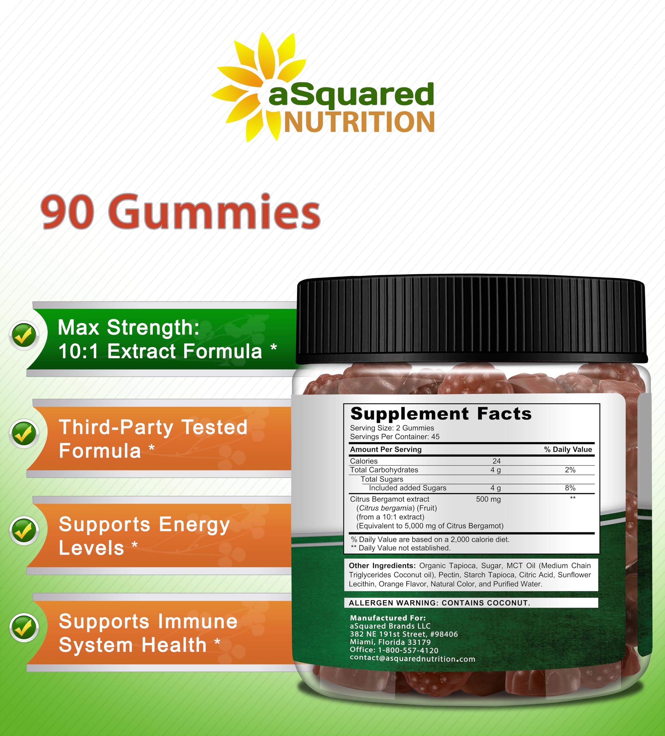 aSquared Nutrition Citrus Bergamot Gummies label highlights 500mg per serving potency.