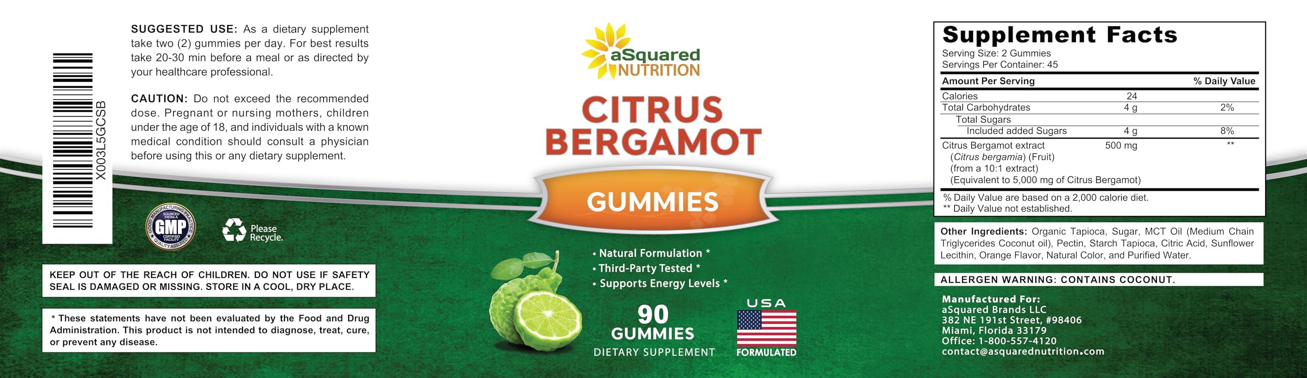 aSquared Nutrition Citrus Bergamot Gummies serving two gummies per serving visual hint.