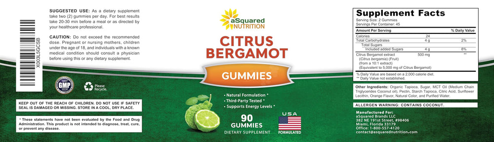 aSquared Nutrition Citrus Bergamot Gummies serving two gummies per serving visual hint.