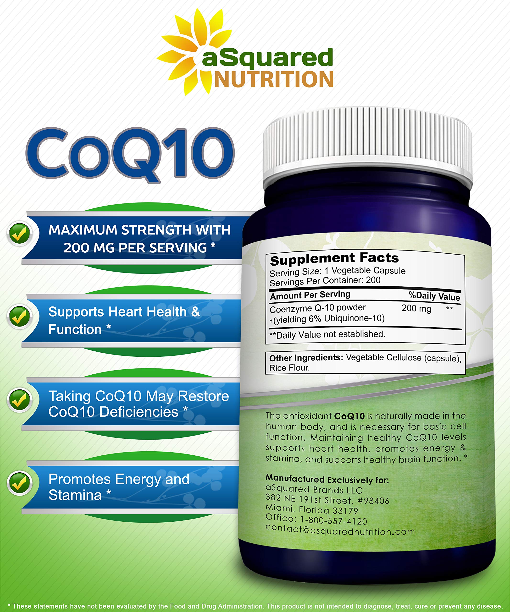 aSquared Nutrition CoQ10 label back lists ingredients and suggested use