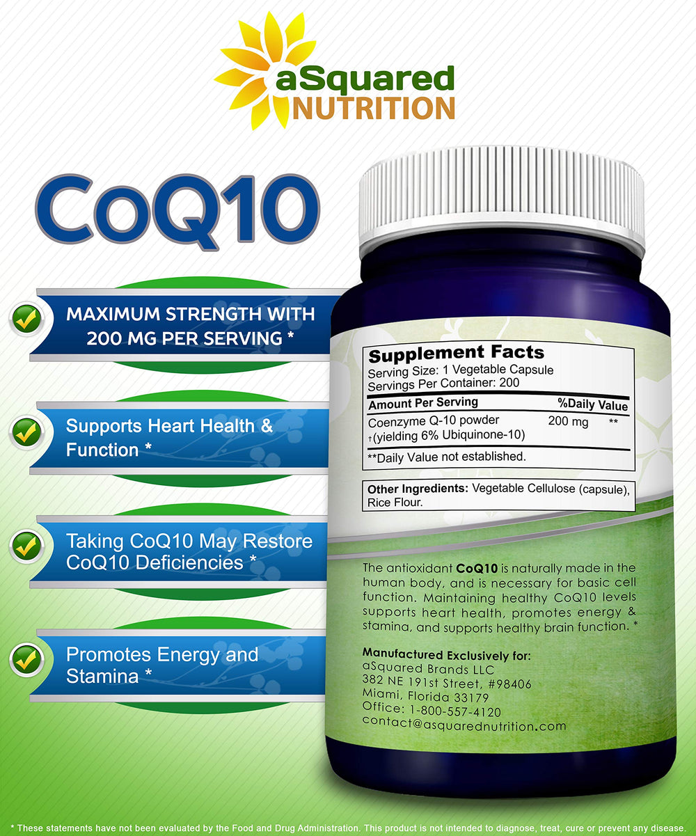 aSquared Nutrition CoQ10 label back lists ingredients and suggested use