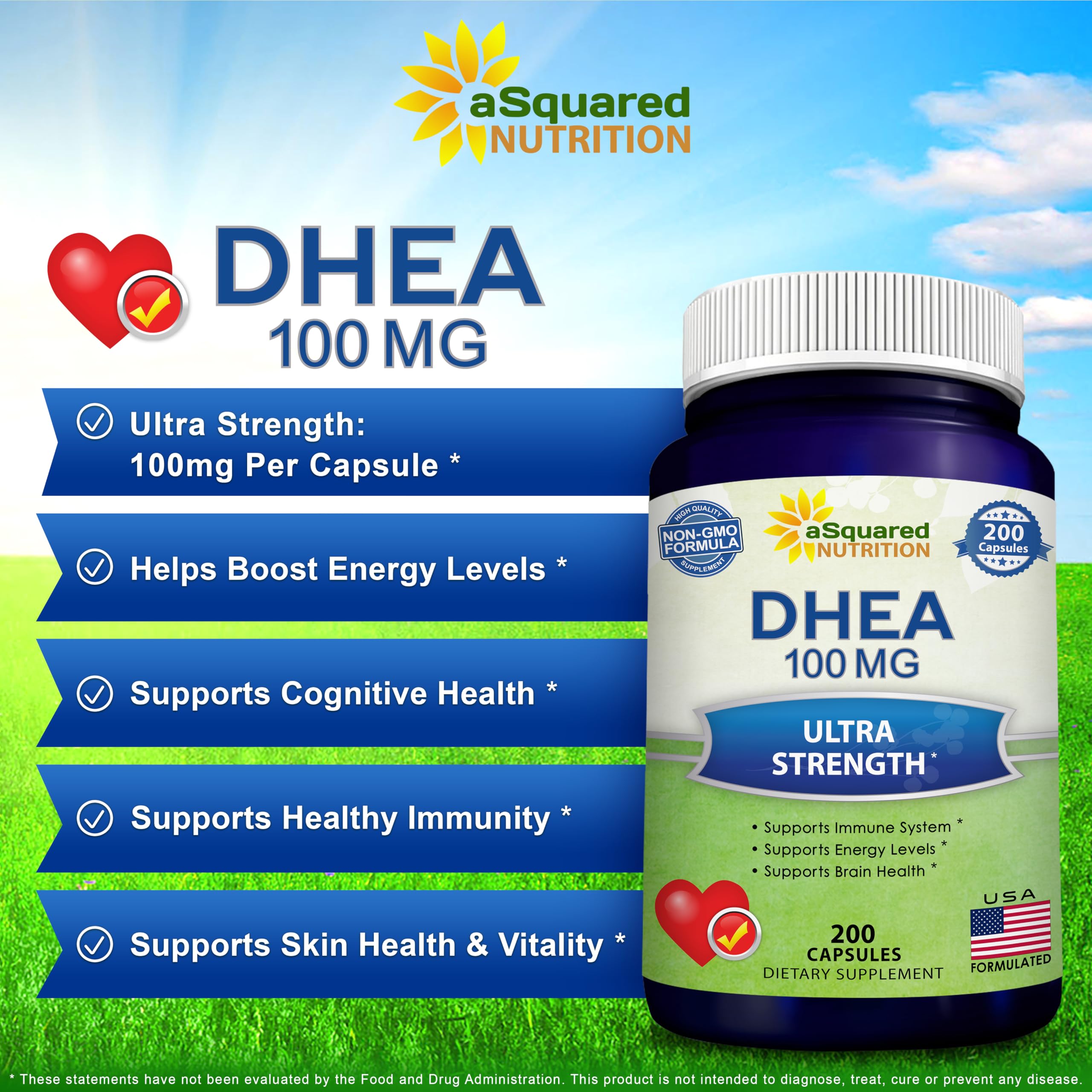 Asquared Nutrition DHEA 100mg capsules closeup showing high potency.