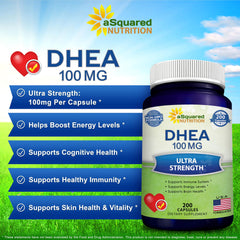 Asquared Nutrition DHEA 100mg capsules closeup showing high potency.