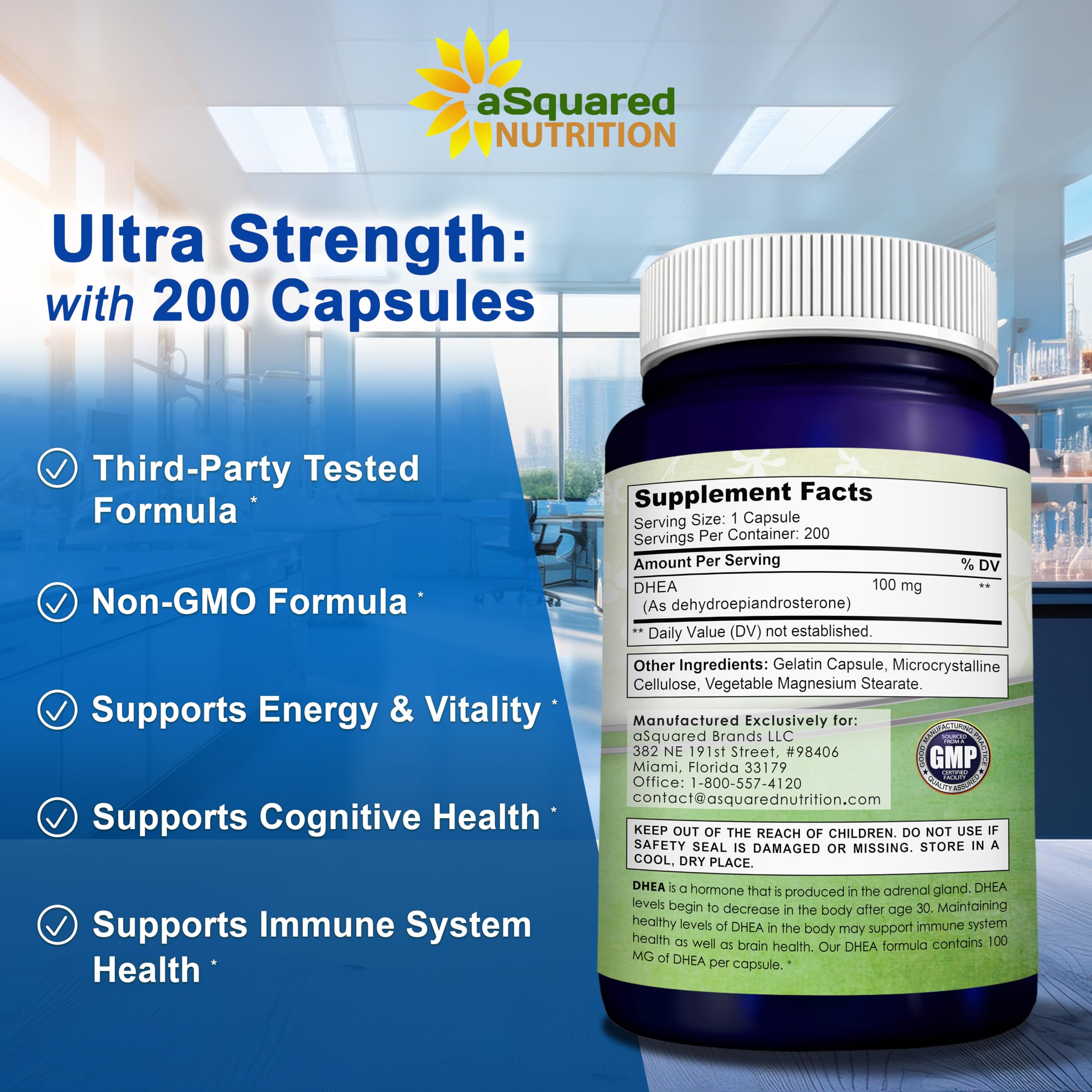 Asquared Nutrition DHEA third-party seal indicating reliable testing.