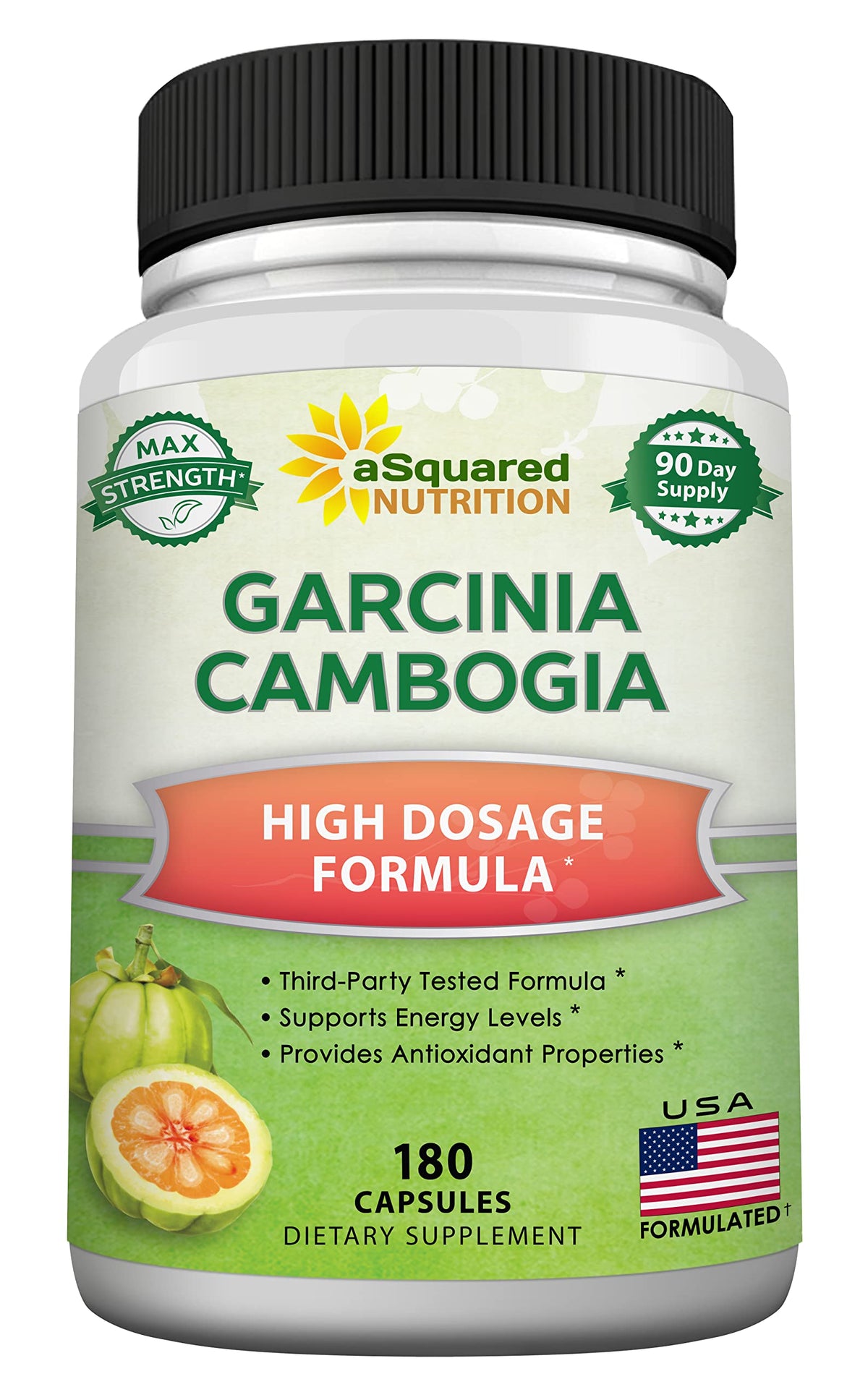 aSquared Nutrition Garcinia Cambogia 1600mg bottle front suggests potential daily energy support