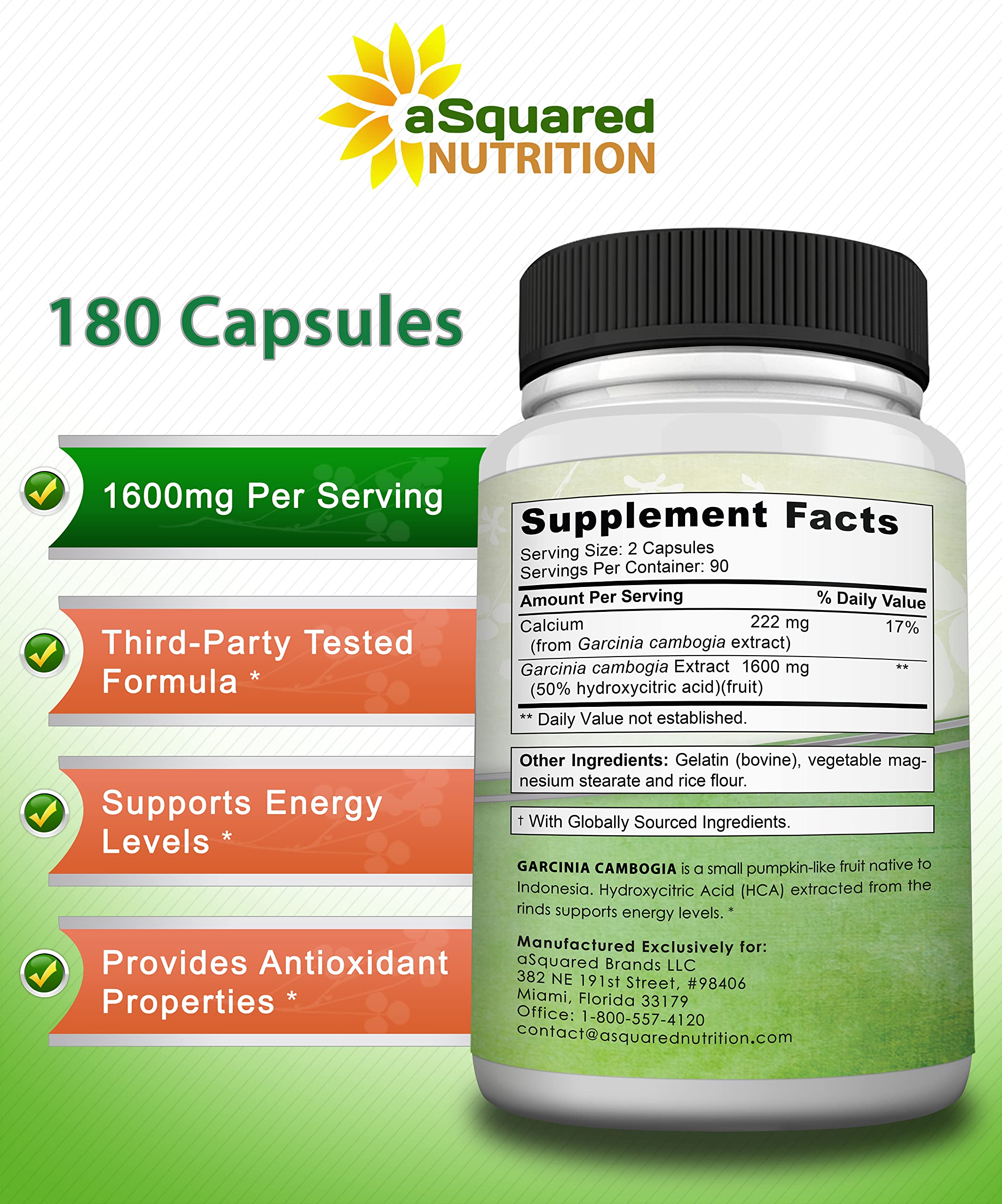 aSquared Nutrition Garcinia Cambogia packaging highlights value with 180 capsules per bottle