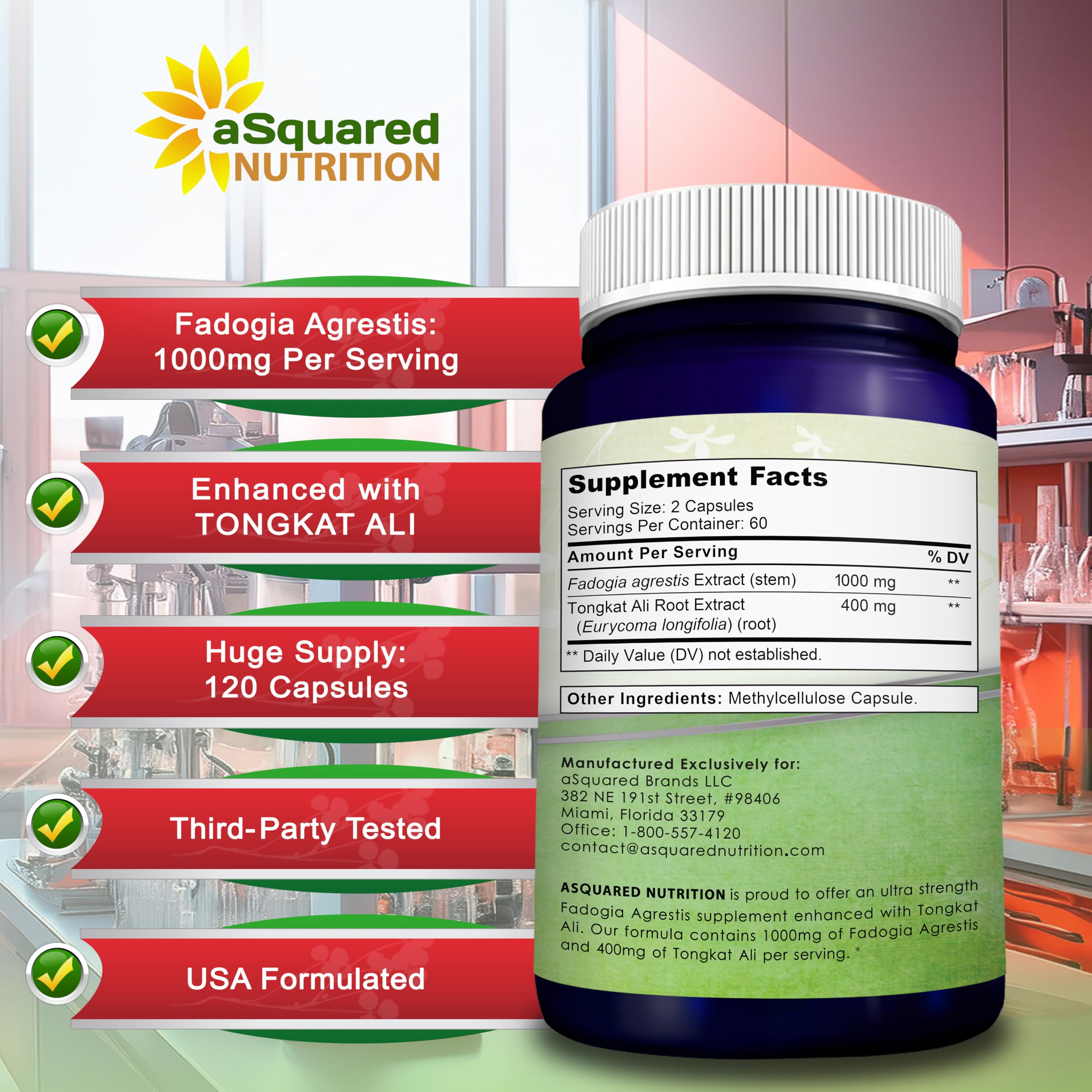 aSquared Nutrition ingredient glass bowl showcases ingredients and scoop for accurate dosing