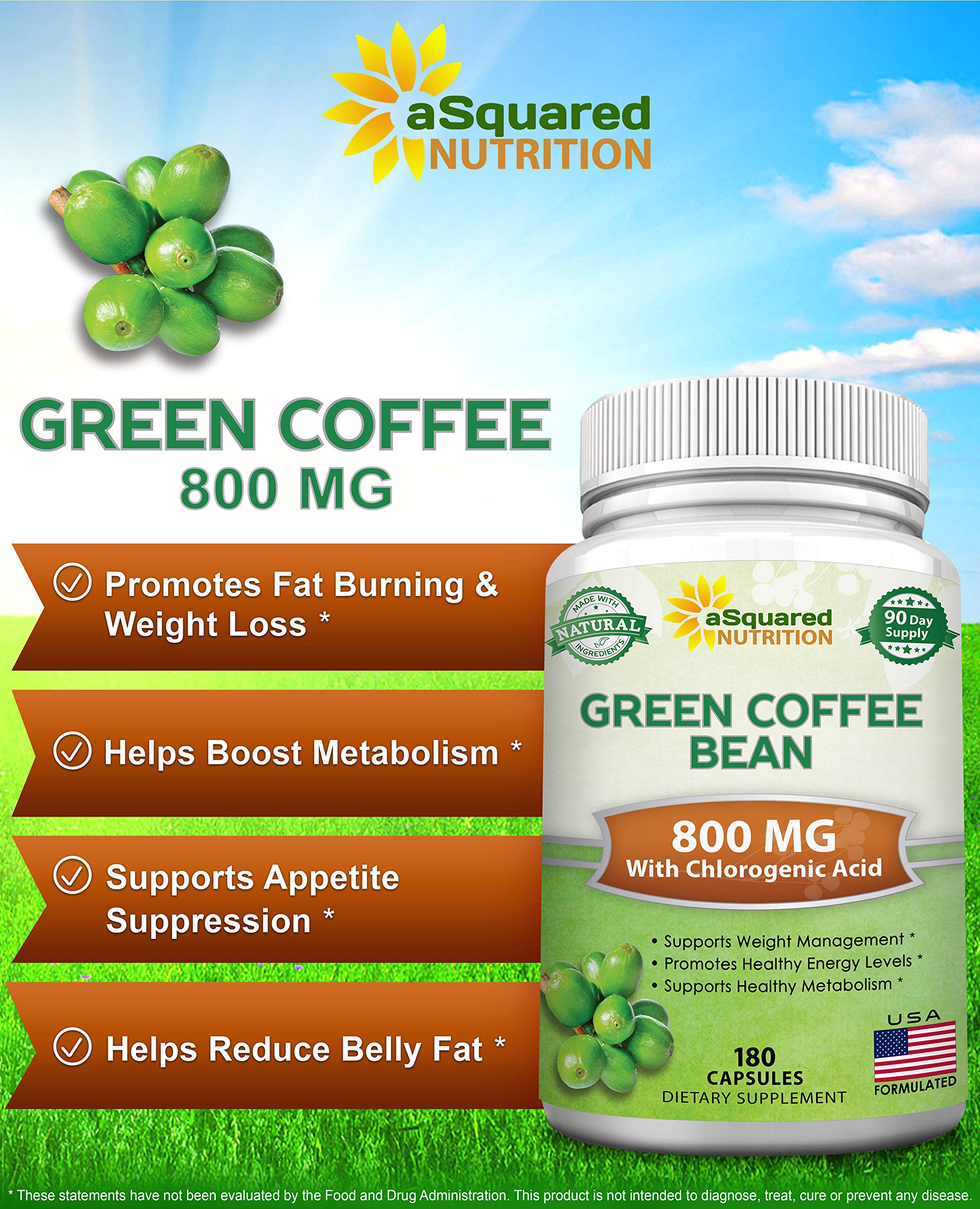 aSquared Nutrition green coffee capsules close-up showing 800 mg per capsule for maximum energy support