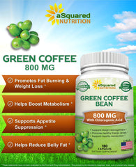 aSquared Nutrition green coffee capsules close-up showing 800 mg per capsule for maximum energy support