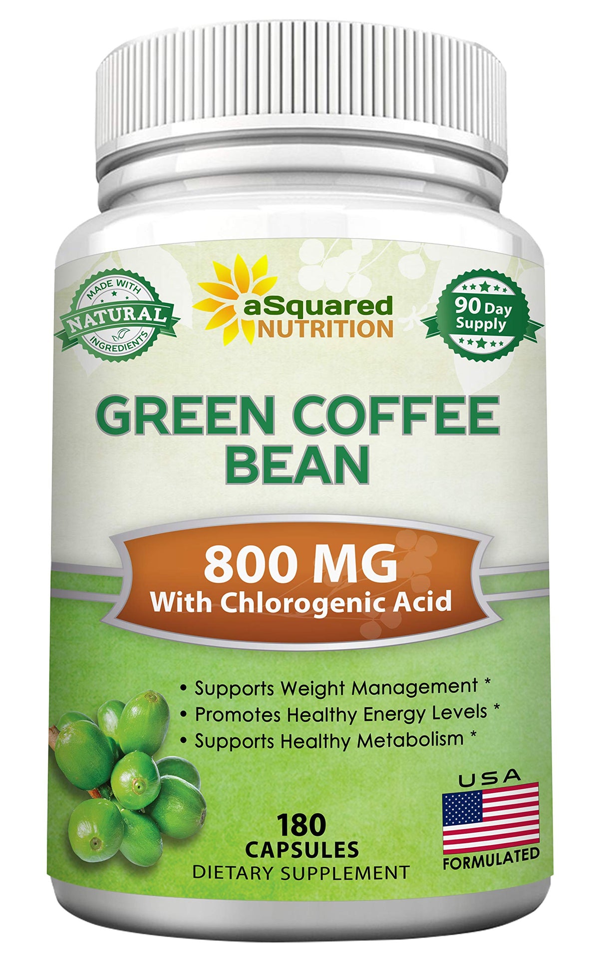 aSquared Nutrition Green Coffee Bean Formula bottle with 180 capsules for 90 days of weight management support