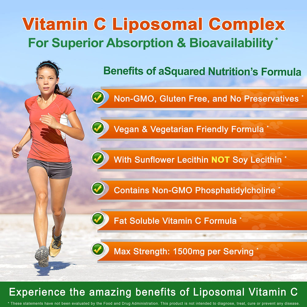 aSquared Nutrition Vitamin C liposomal formula label emphasizes vegan-friendly and allergen-free ingredients.