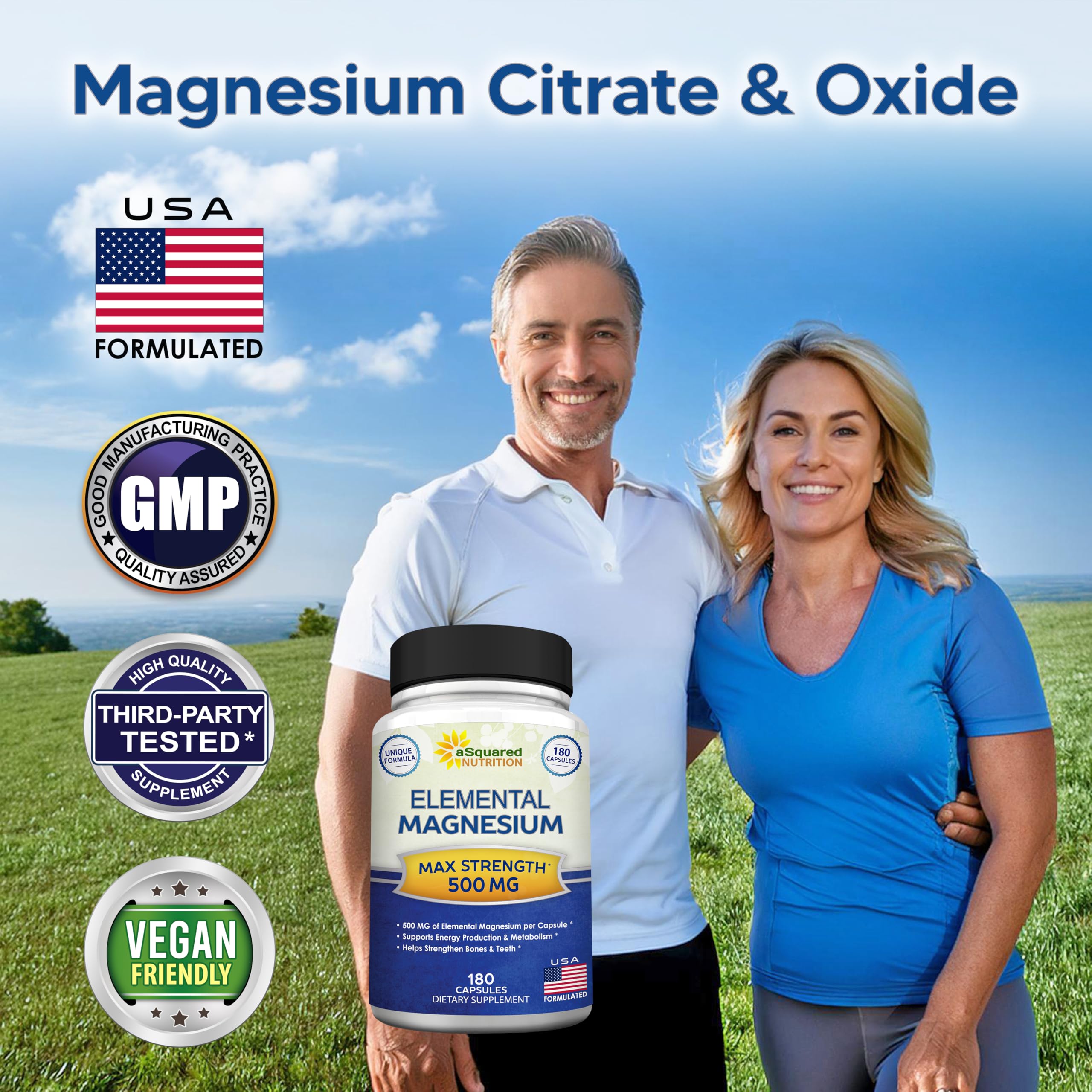 Asquared Nutrition Magnesium 500mg bottle on desk supports daily wellness routine.