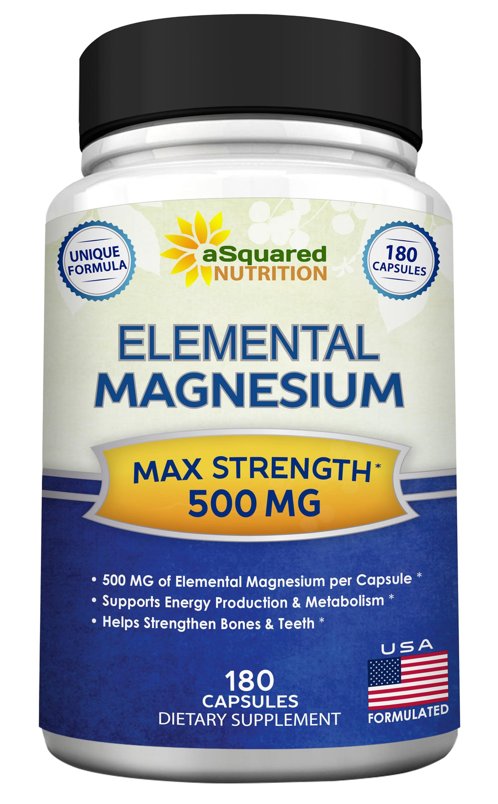 Asquared Nutrition Magnesium 500mg bottle front promotes daily calm and balanced energy.