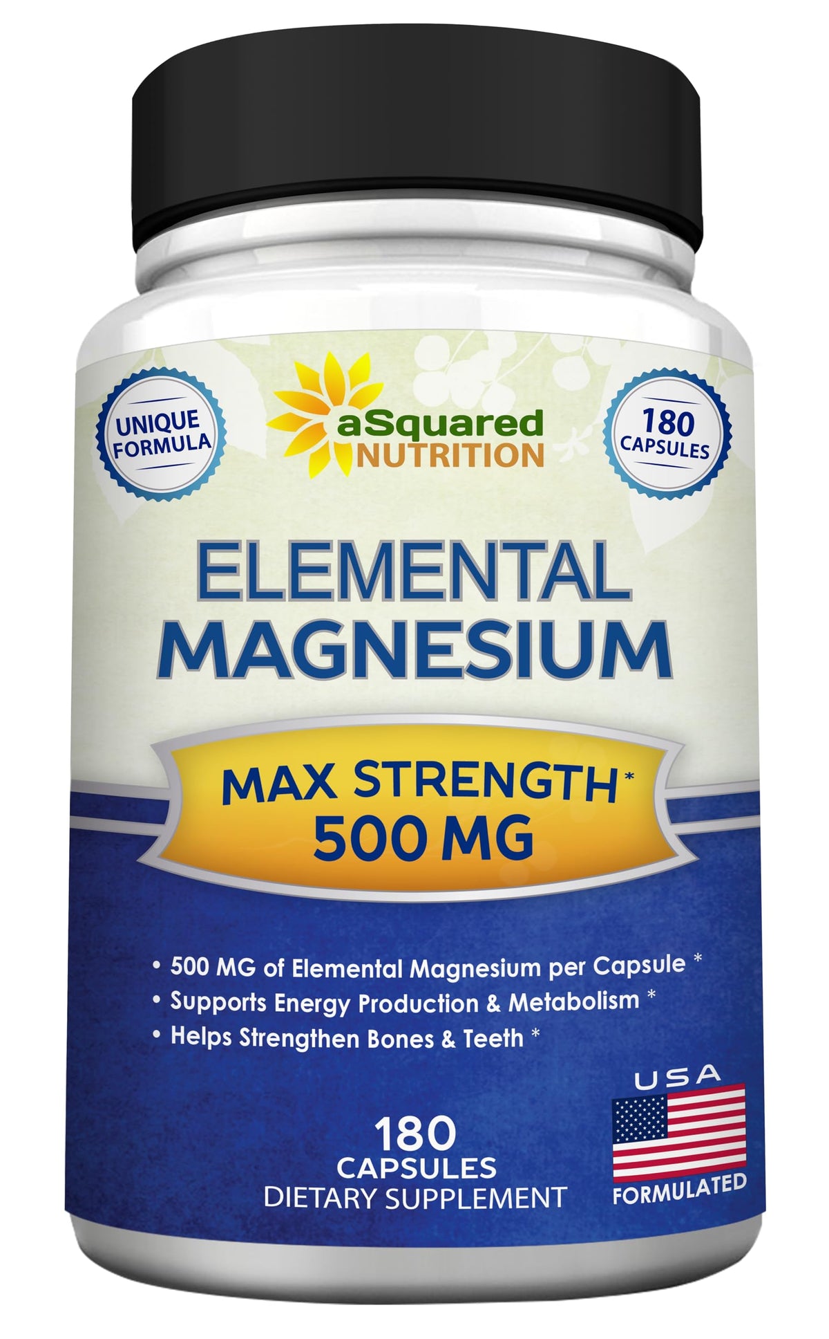 Asquared Nutrition Magnesium 500mg bottle front promotes daily calm and balanced energy.