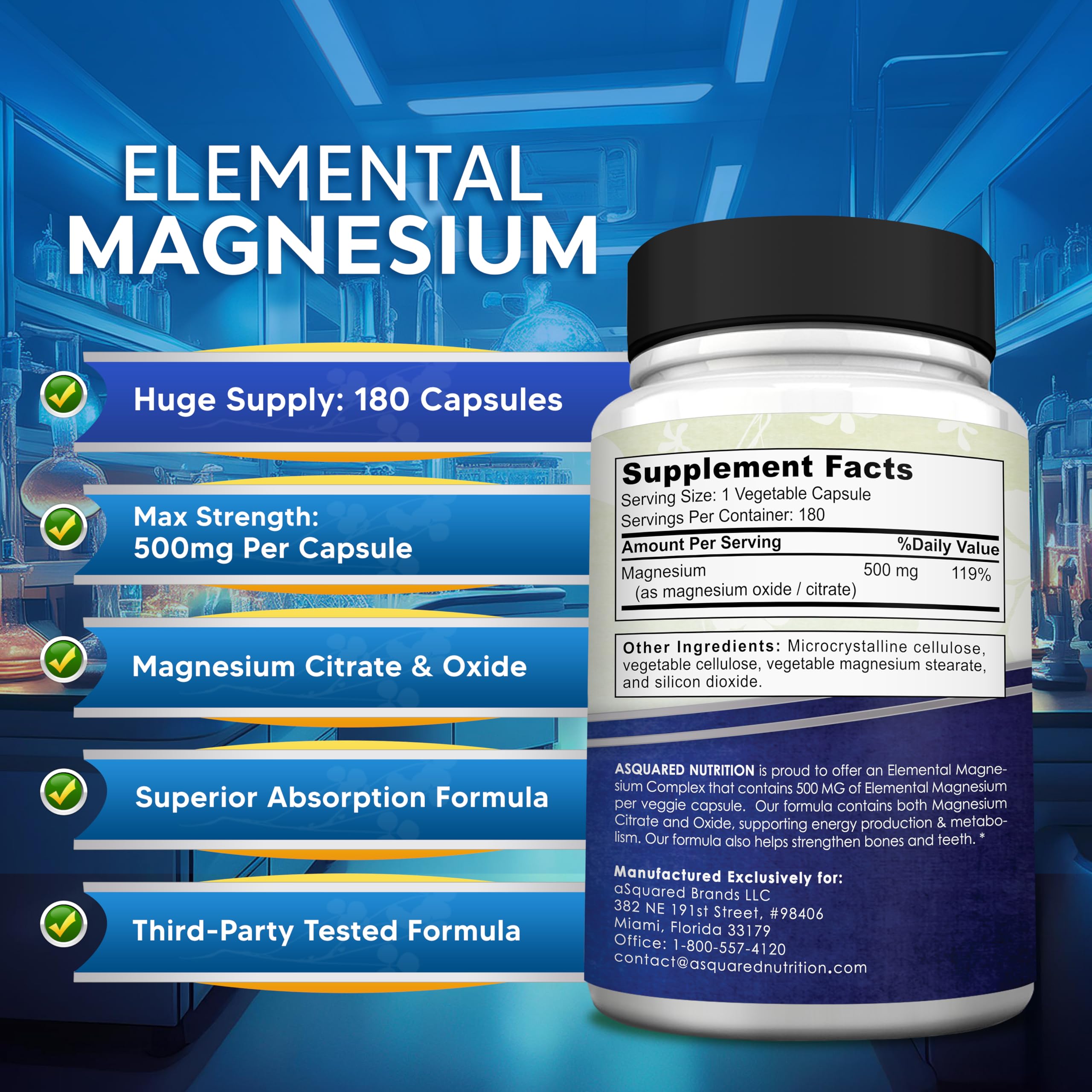Asquared Nutrition Magnesium 500mg bottle pour into glass demonstrates fast-acting citrate release.