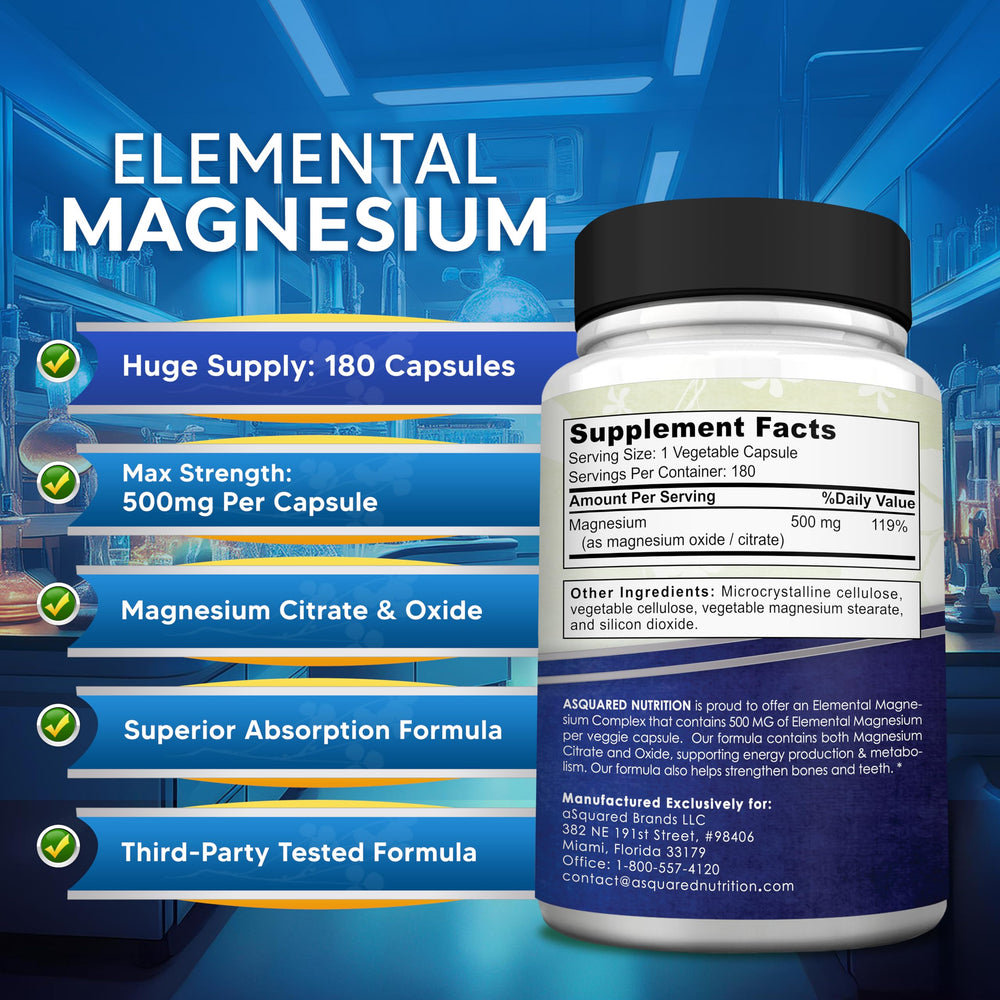 Asquared Nutrition Magnesium 500mg bottle pour into glass demonstrates fast-acting citrate release.