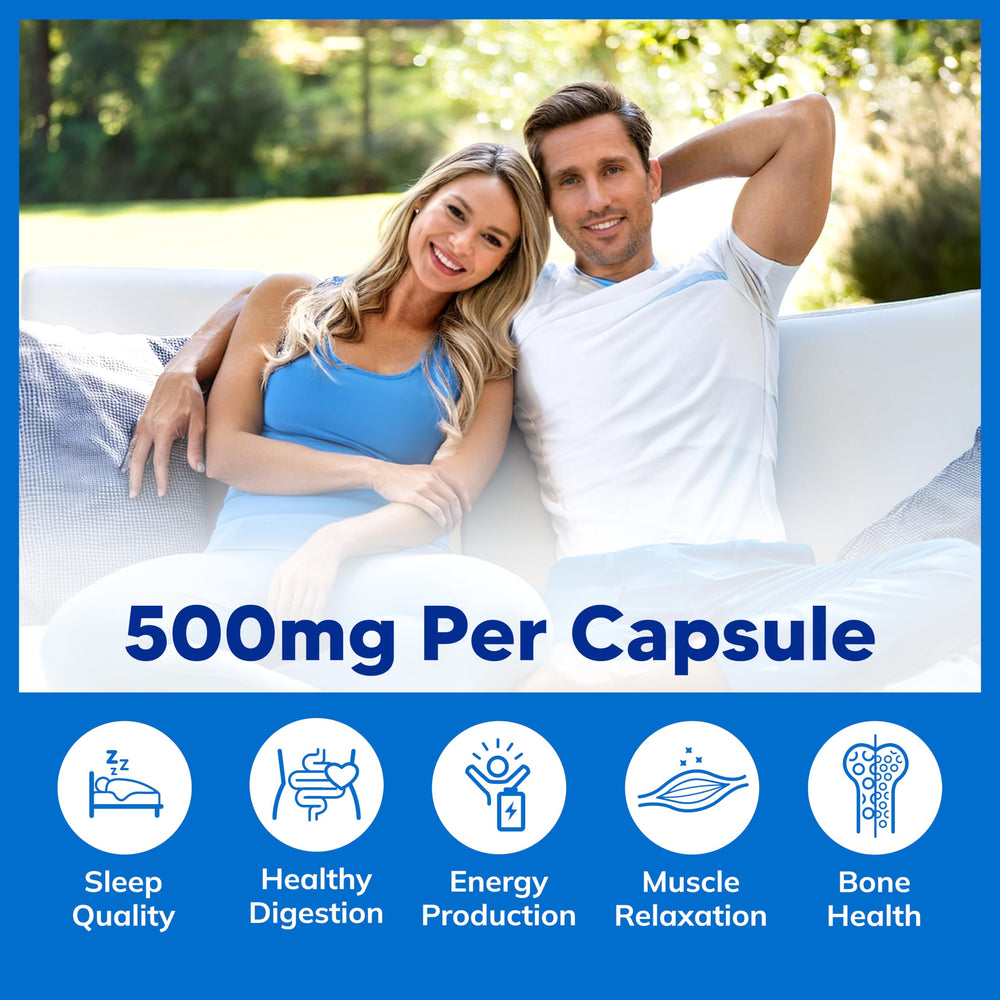 Asquared Nutrition Magnesium 500mg bottle upright emphasizes six-month supply.