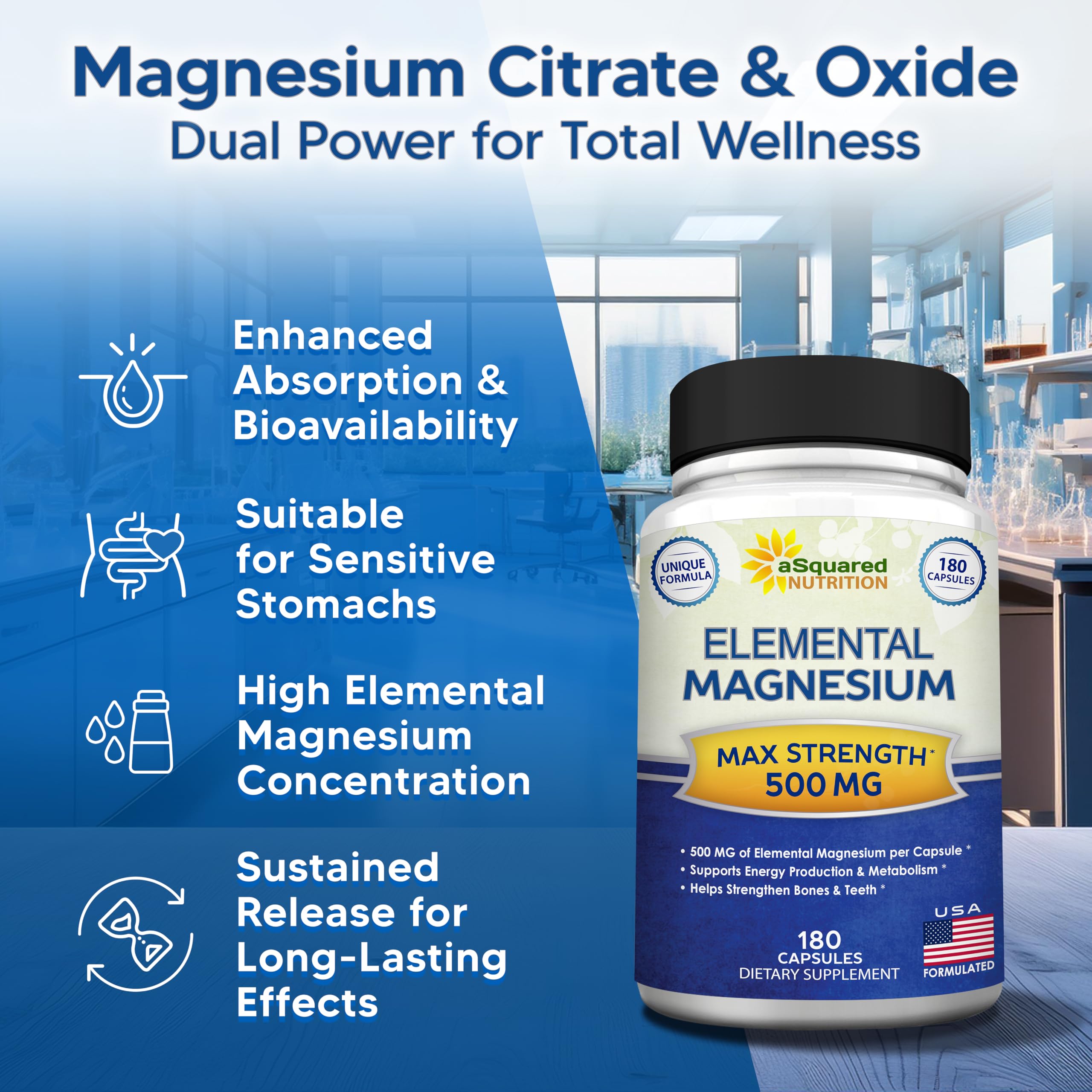 Asquared Nutrition Magnesium 500mg packaging with USA formulation badge conveys quality.