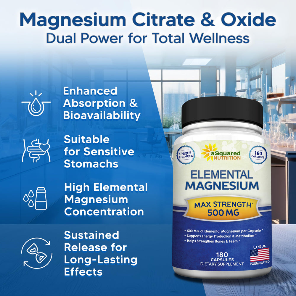 Asquared Nutrition Magnesium 500mg packaging with USA formulation badge conveys quality.