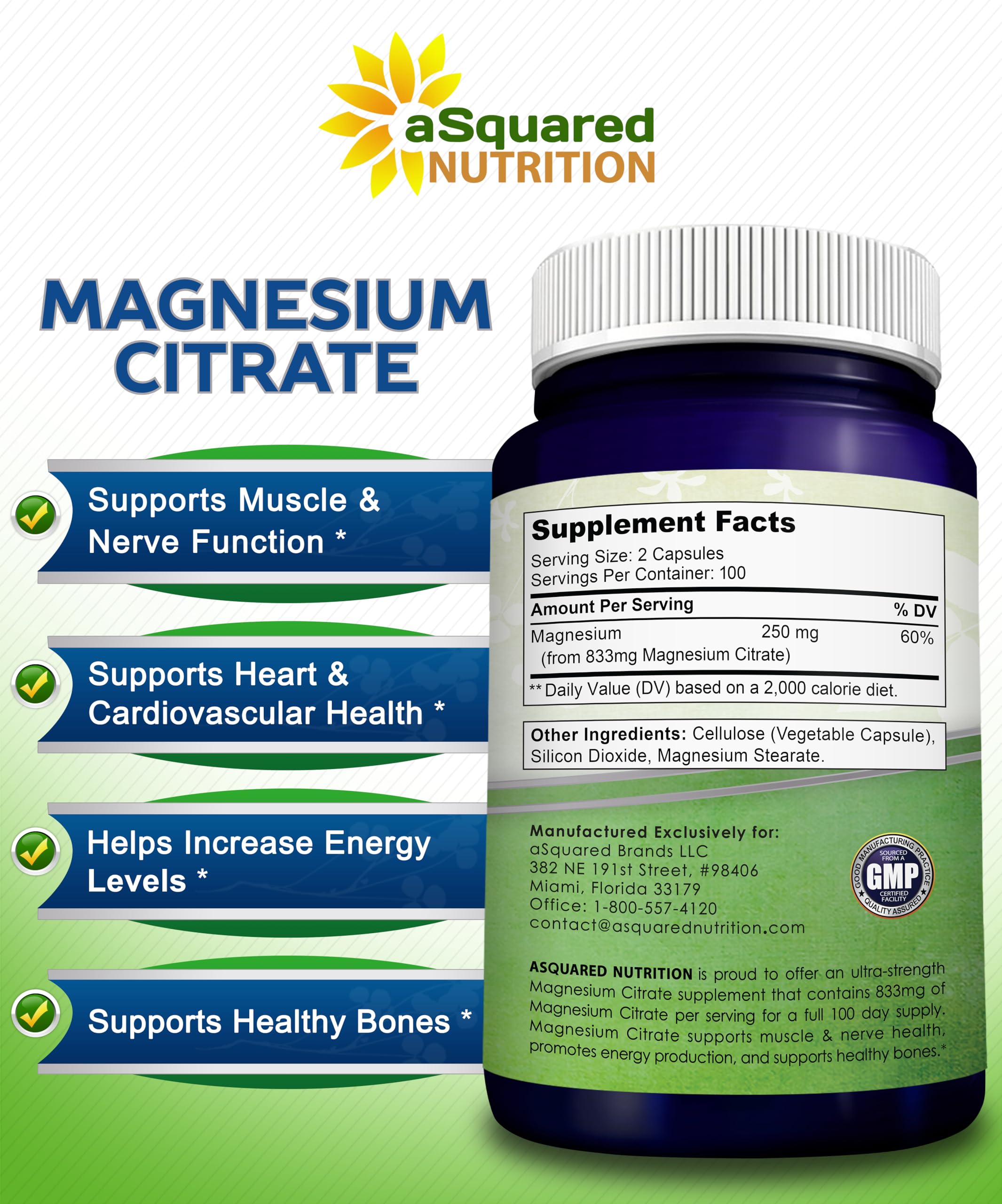aSquared Nutrition Magnesium Citrate ingredients panel highlights vegan formula