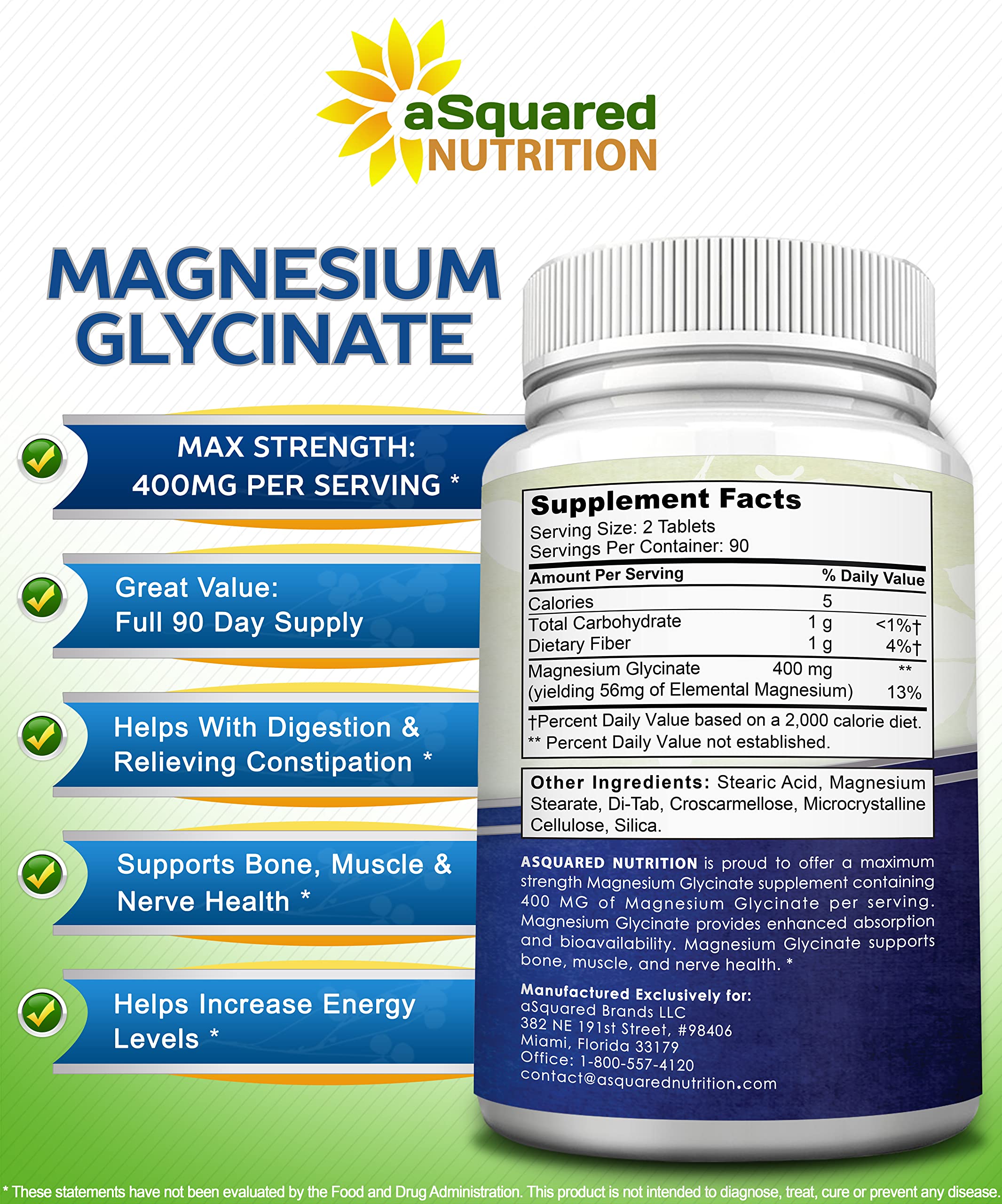 aSquared Nutrition magnesium glycinate 400mg back label detail with usage notes