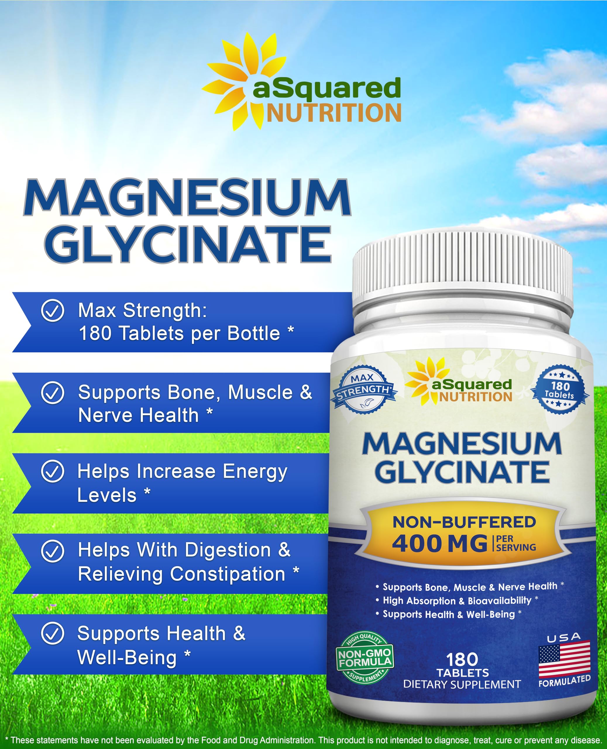 aSquared Nutrition magnesium glycinate 400mg label showing non-buffered formula and high absorption