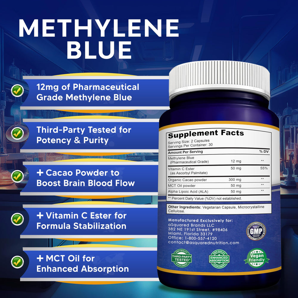 aSquared Nutrition Methylene Blue Capsules - 12mg USP Grade Nootropic ...