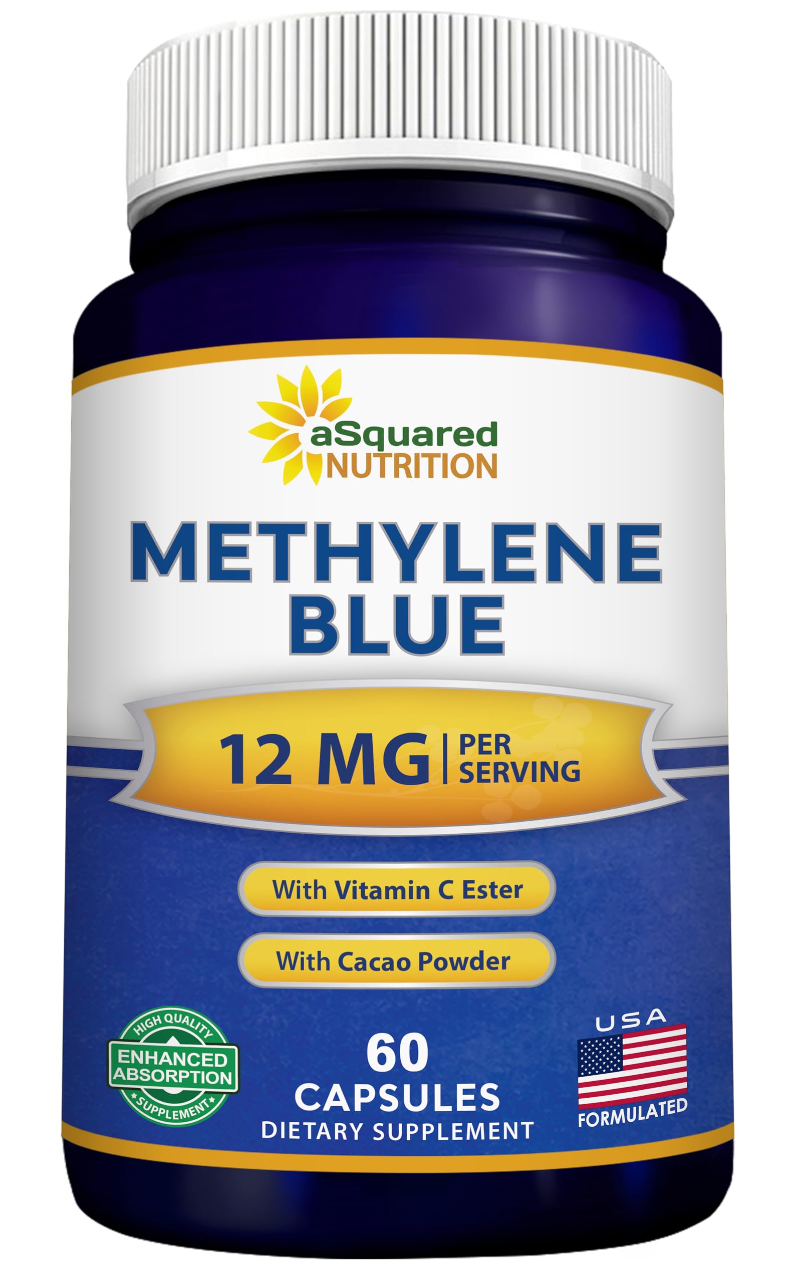 aSquared Nutrition Methylene Blue Capsules bottle label showing 12 mg dosage and USP branding