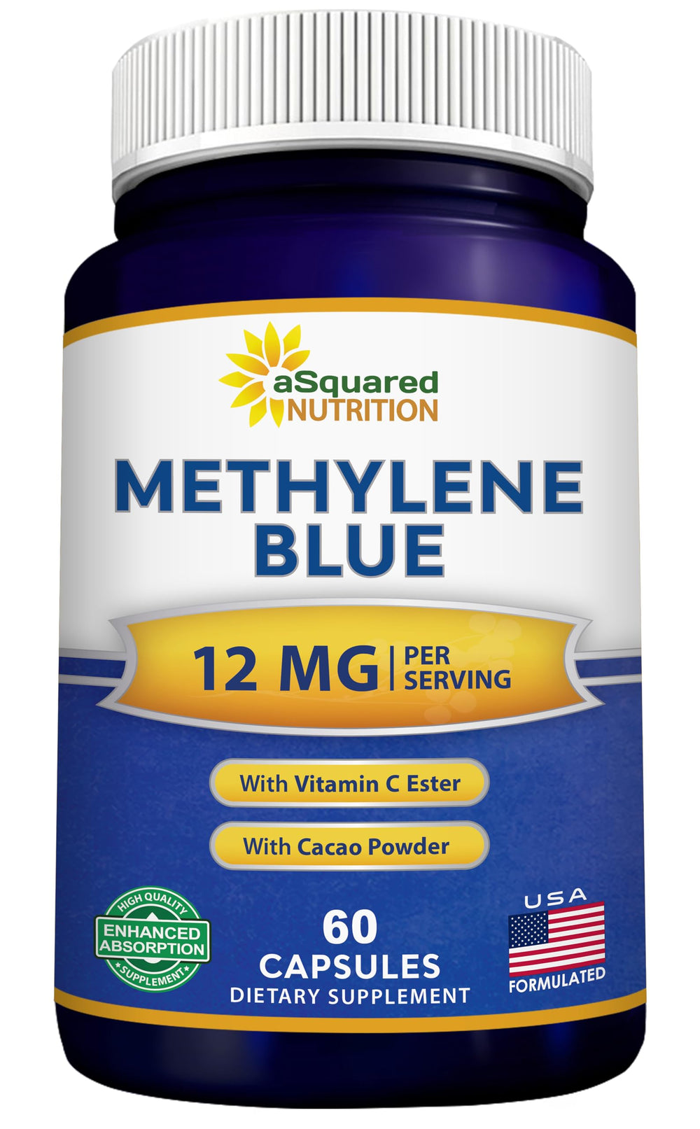 aSquared Nutrition Methylene Blue Capsules bottle label showing 12 mg dosage and USP branding