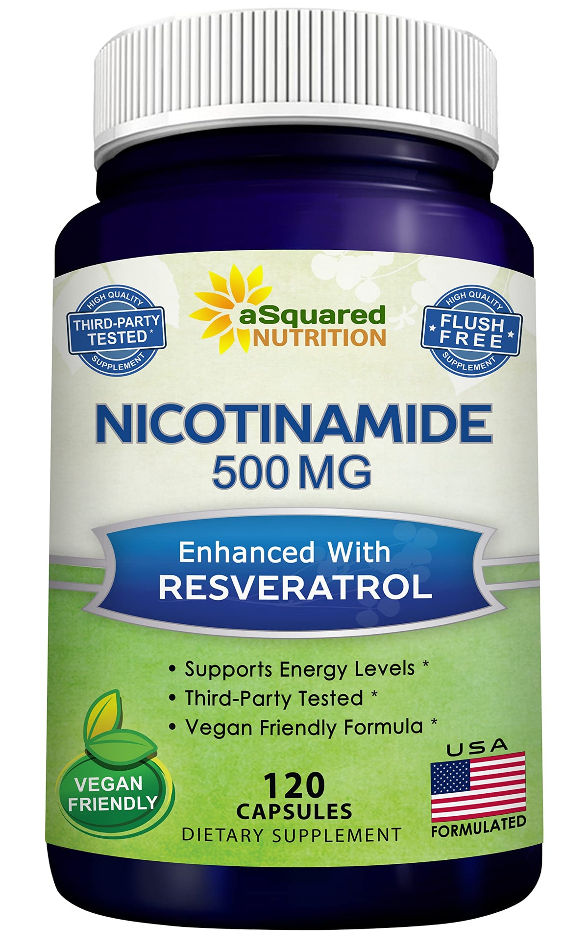 aSquared Nutrition Nicotinamide with Resveratrol bottle front view for vitality support.