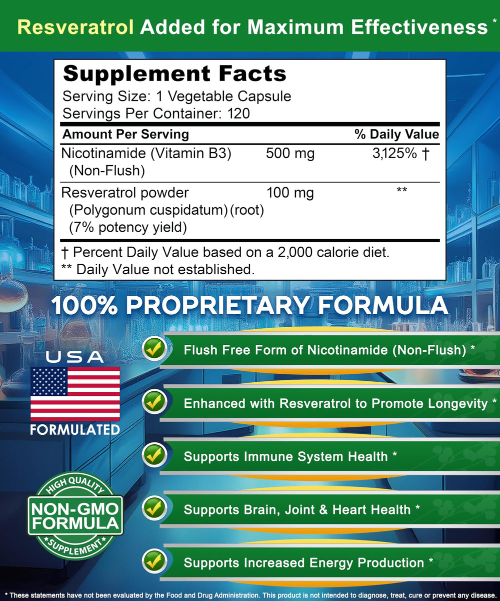 Side view of the aSquared Nutrition bottle emphasizing Non-Flush Nicotinamide.