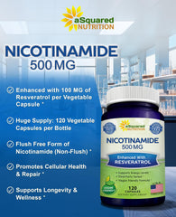 Close-up of aSquared Nutrition Nicotinamide with Resveratrol capsules highlighting potency.