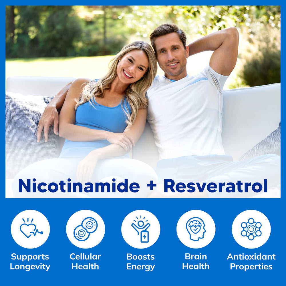 Packaging image of aSquared Nutrition Nicotinamide with Resveratrol showcasing 120 capsules.