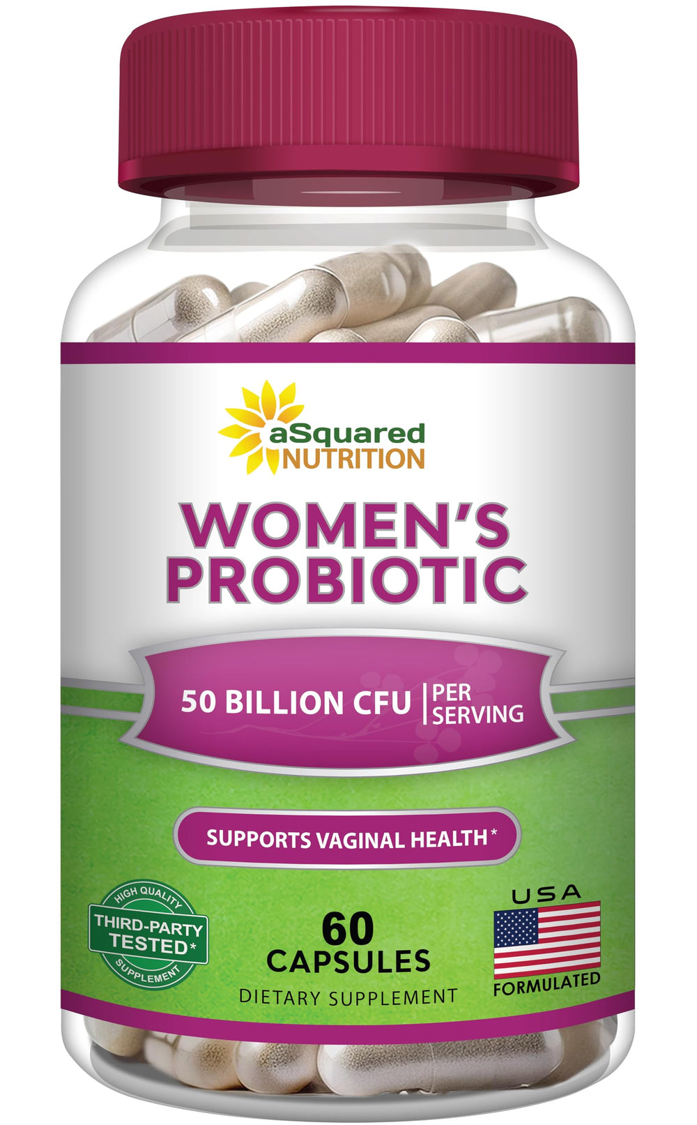 Asquared Nutrition Probiotics for Women bottle showing 50B CFU and gut health benefits.