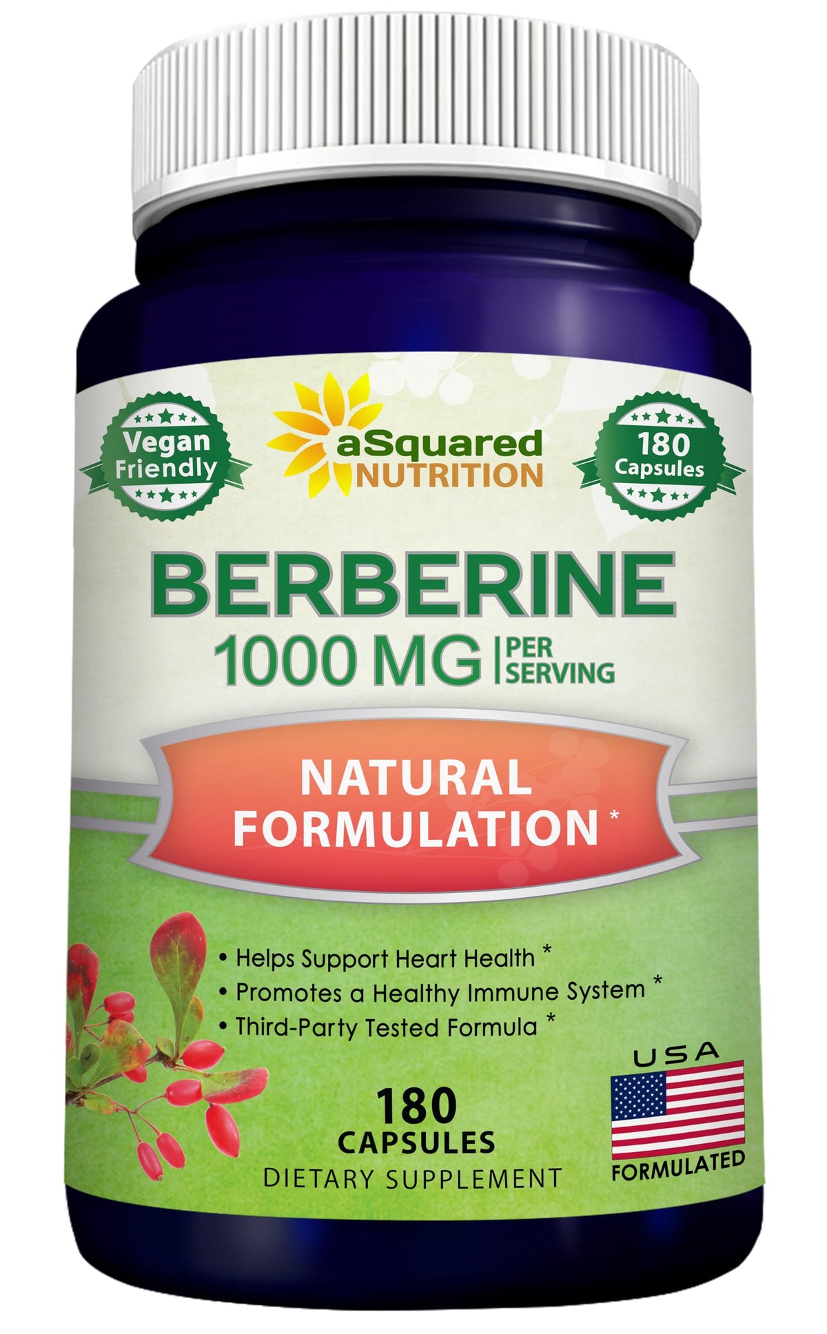 aSquared Nutrition Pure Berberine 1000mg capsules on bottle closeup for daily wellness