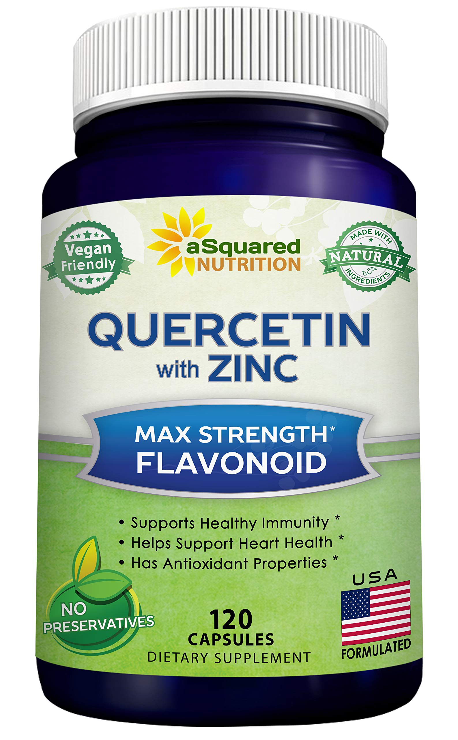 aSquared Nutrition Quercetin 1000mg with Zinc bottle front for immune support.